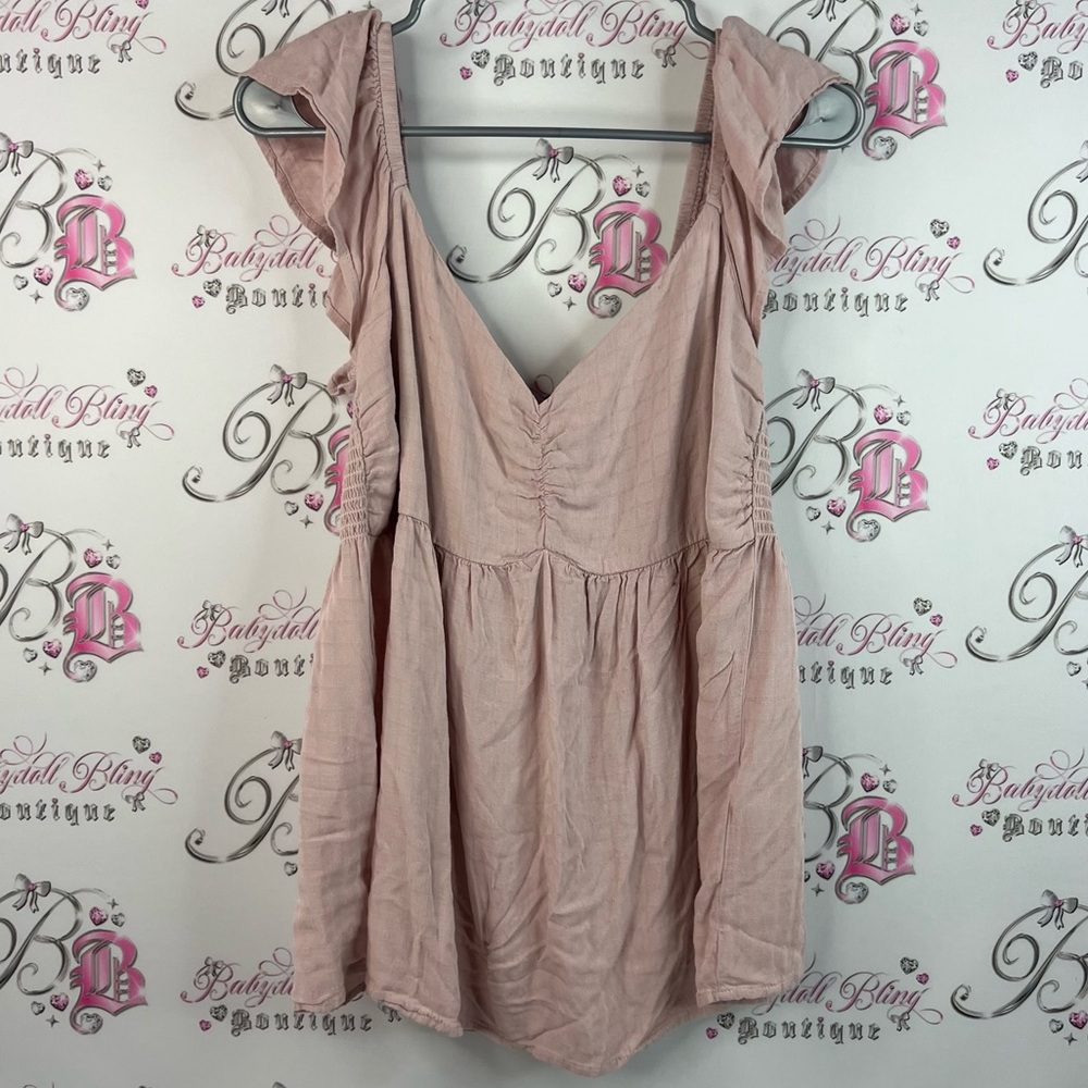 Blue B tank top ruffle smock milkmaid babydoll square print Pink Smocked Top